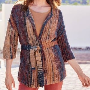 Soft Surroundings Sunset Hues Cinched Cozy Cardigan Size L Blue Red Orange